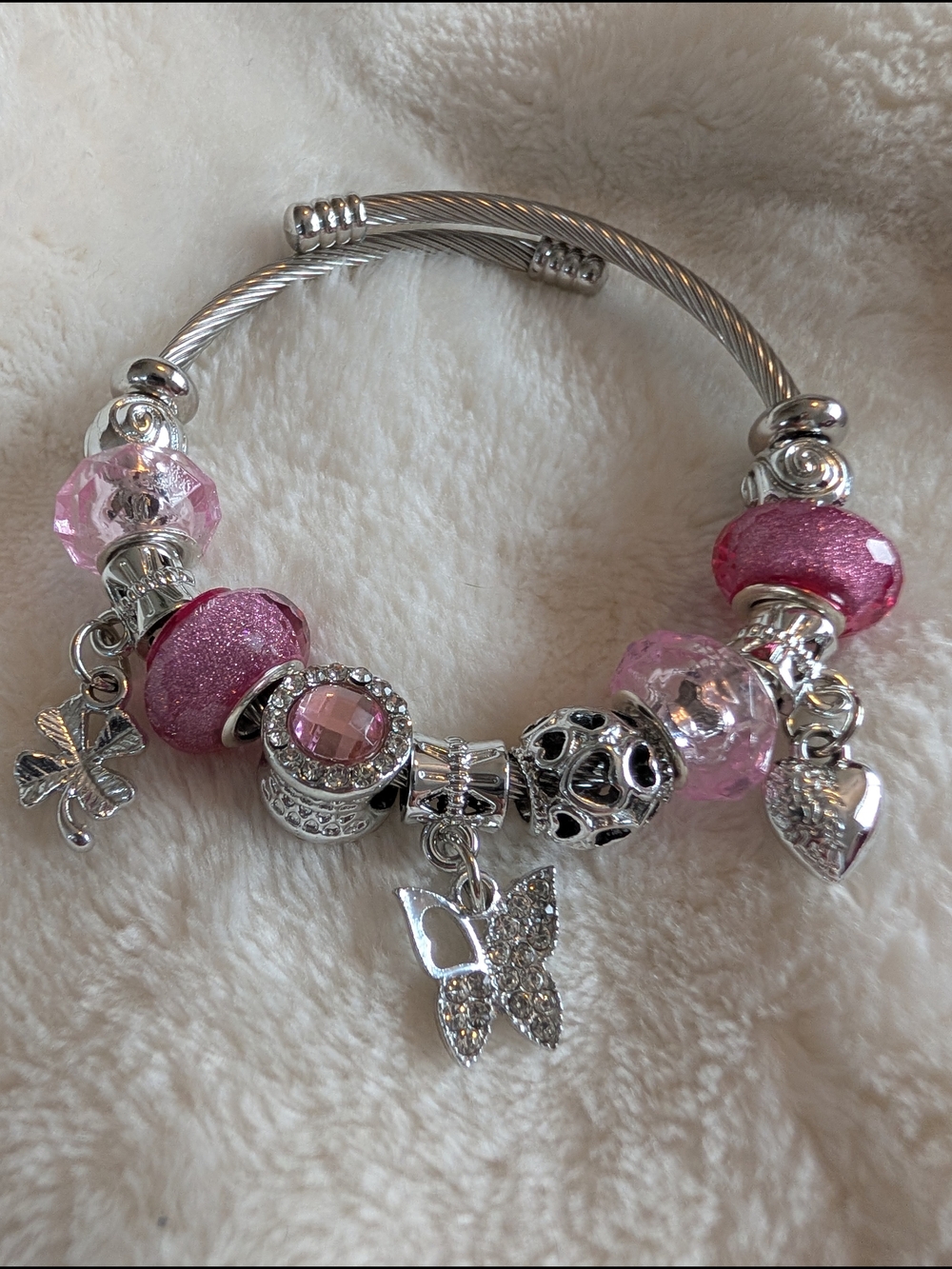 Silver Cable Charm Bracelet with Pink Glass Beads